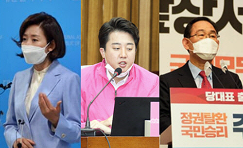 (왼쪽부터) 국민의힘 6·11 전당대회 당대표 경선에 출마한 나경원 전 원내대표, 이준석 전 최고위원, 주호영 전 원내대표.[사진=나경원·이준석 SNS, 국민의힘 홈페이지]